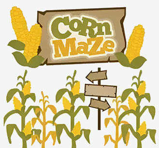 A corn maze with signs and cornstalks.