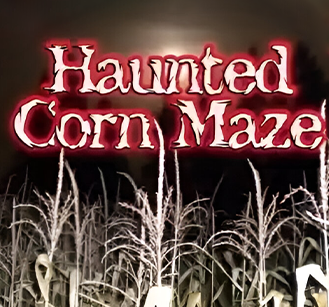 A corn maze with the words haunted corn maze written in red.